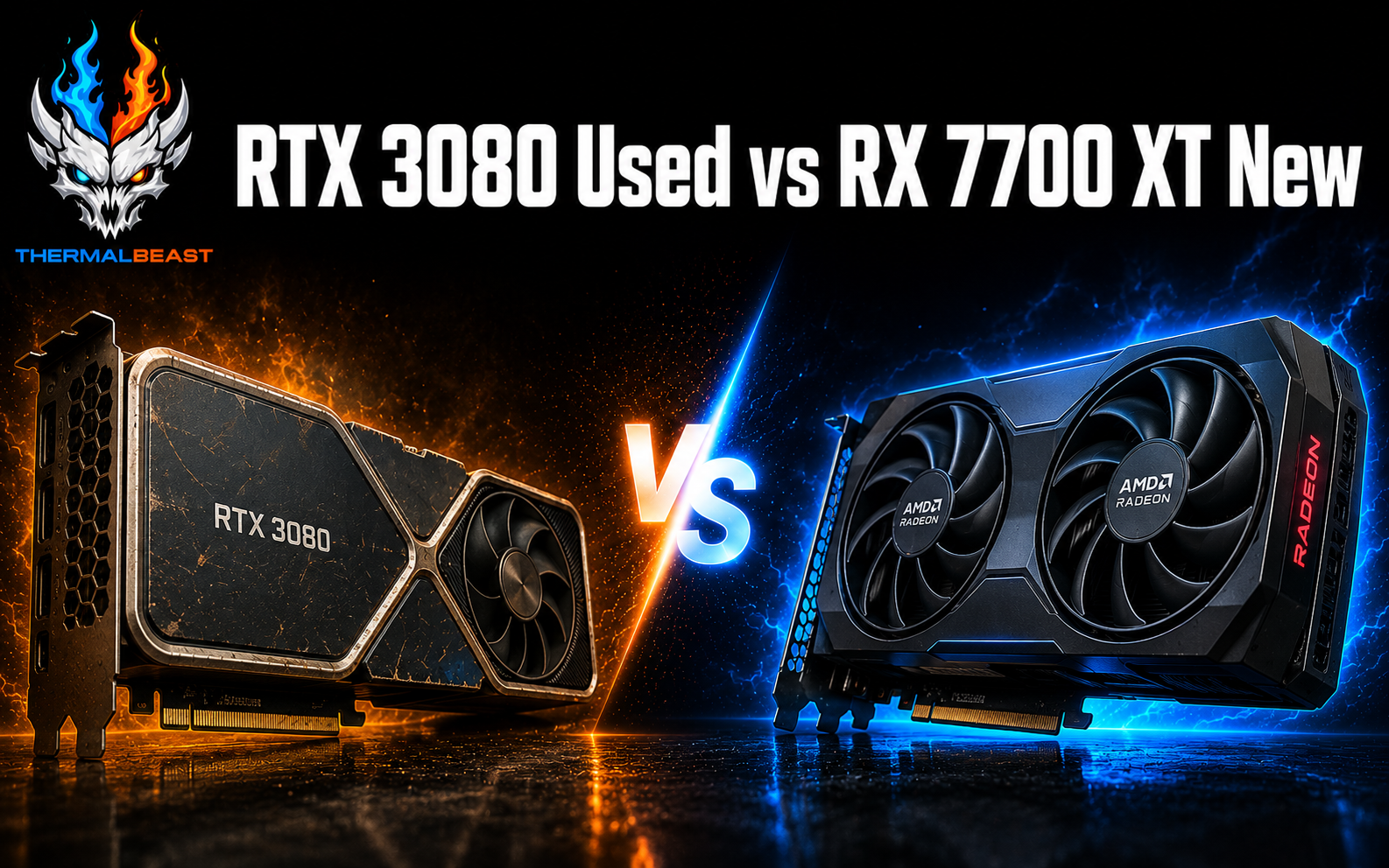 Used NVIDIA RTX 3080 and new AMD RX 7700 XT graphics cards angled toward each other in a used versus new GPU comparison