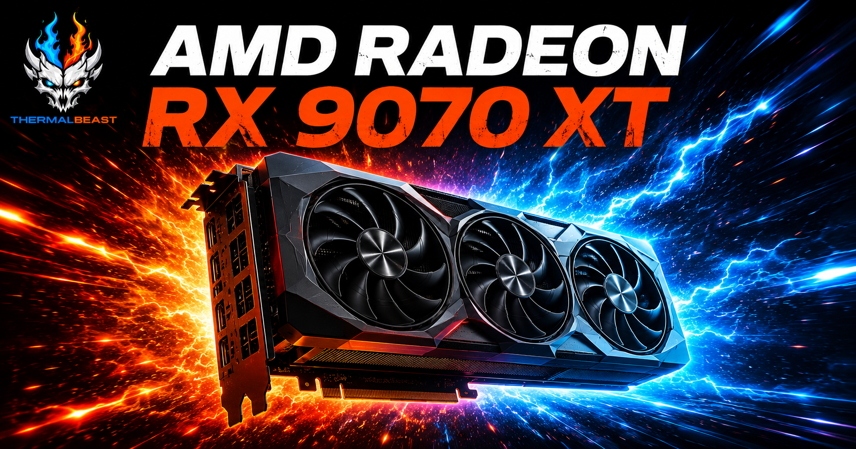AMD Radeon RX 9070 XT graphics card at a three-quarter angle showing its triple-fan shroud with warm and cool studio lighting