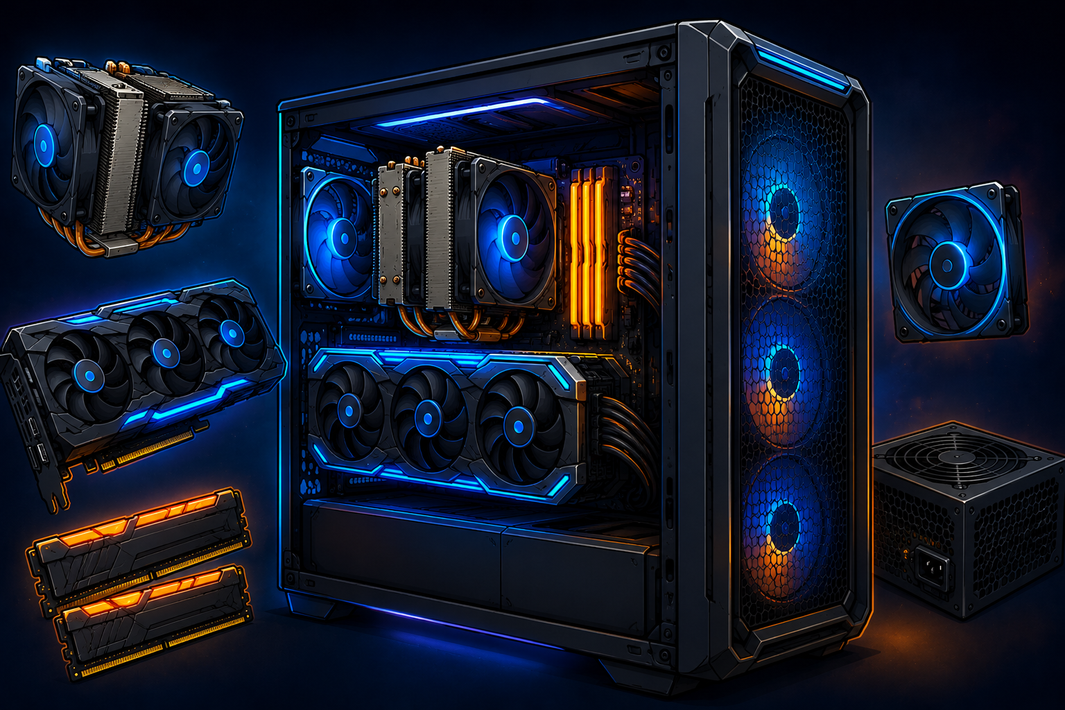 Powerful $1200 gaming PC with premium airflow case, large graphics card, dual-tower CPU cooler, and RGB memory.