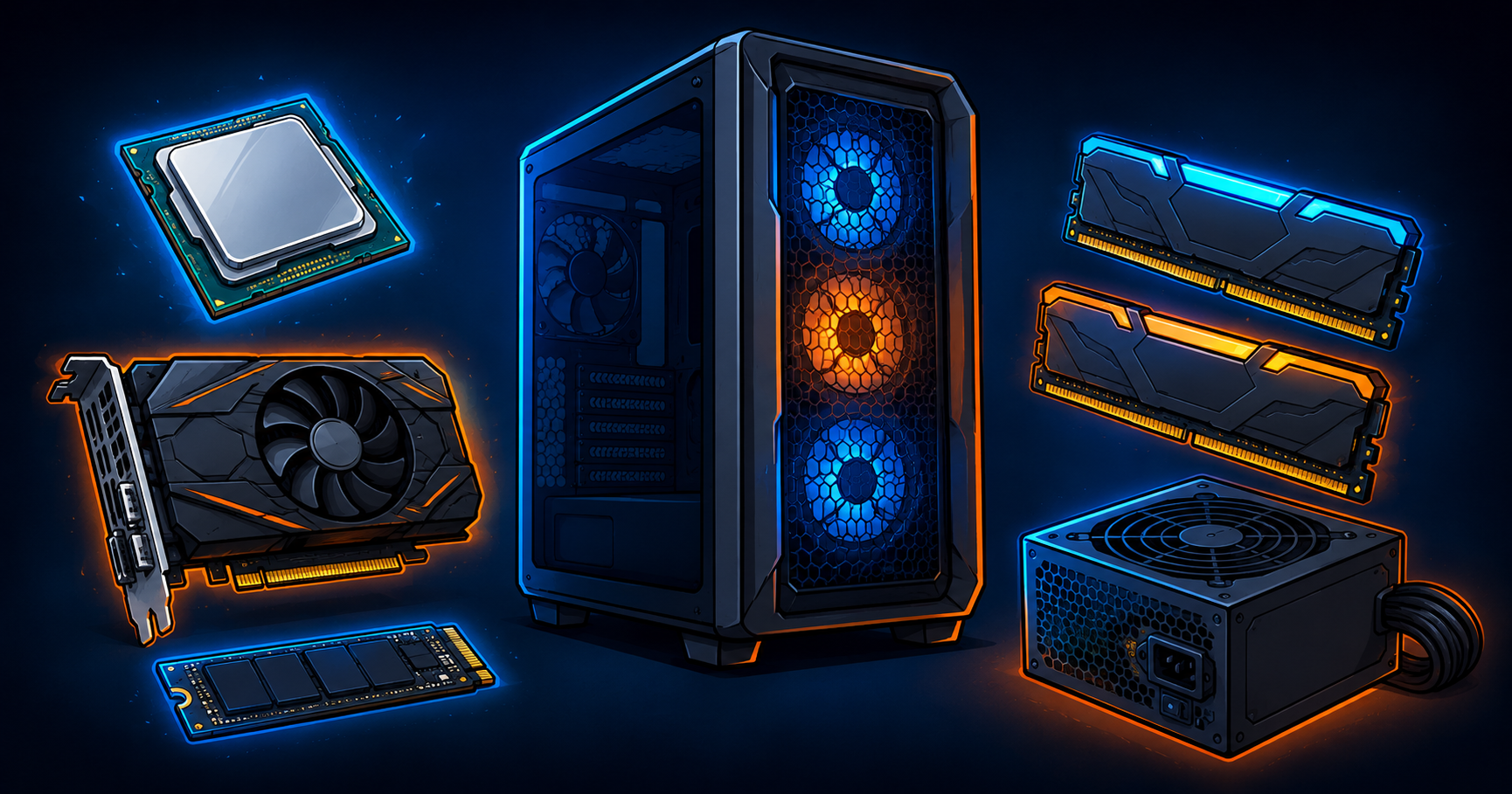 Affordable $500 gaming PC build components including CPU, GPU, RAM, SSD, power supply, and mesh-front case