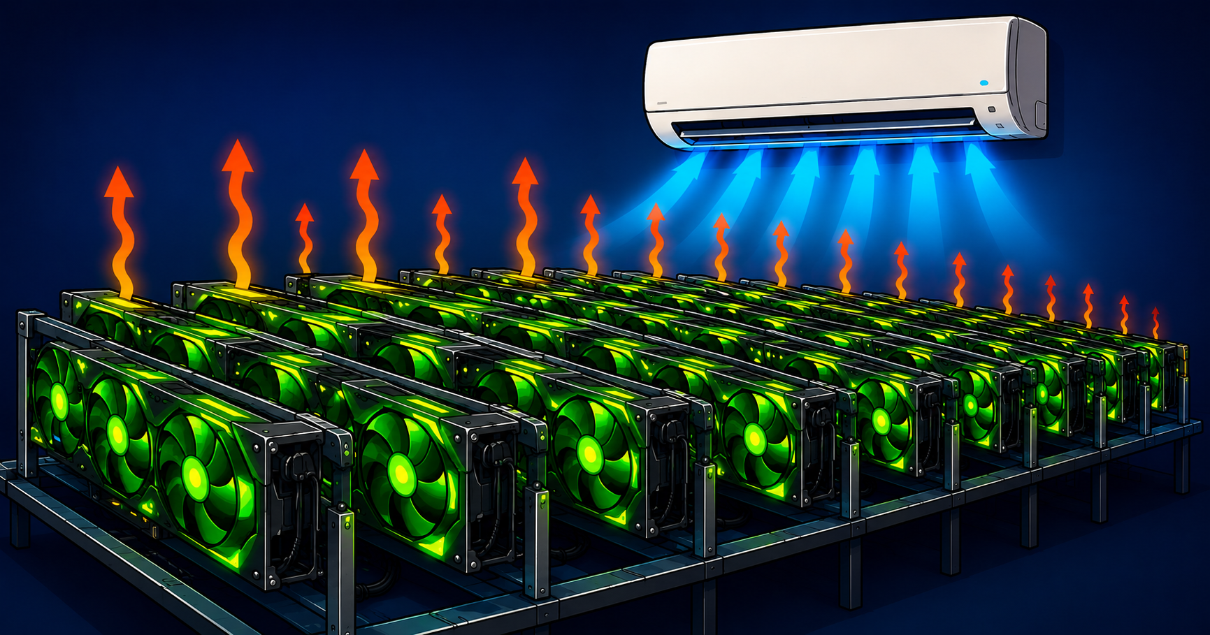 A mini split directing cold air onto a large GPU mining setup while heat escapes upward.