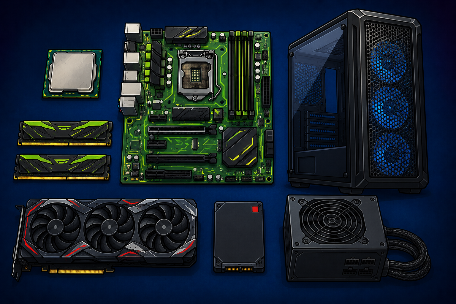 Cartoon flat-lay illustration of gaming PC components including a CPU, motherboard, RAM sticks, SSD, graphics card, power supply, and mesh tower case on a dark blue background.