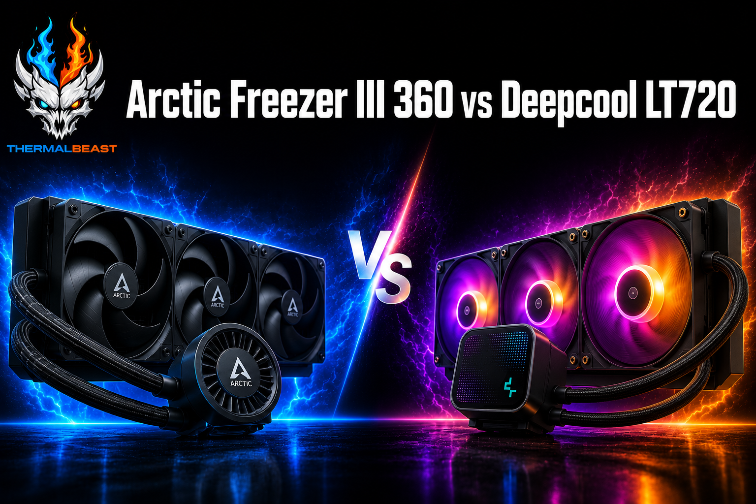 Arctic Liquid Freezer III 360 and Deepcool LT720 360mm AIO coolers angled toward each other in a side-by-side comparison