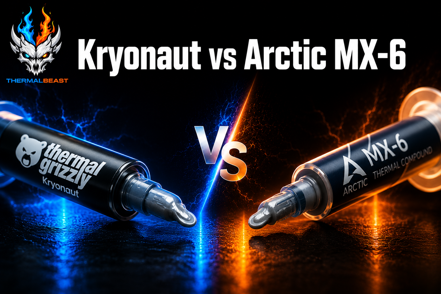 Thermal Grizzly Kryonaut and Arctic MX-6 thermal paste syringes angled toward each other in a side-by-side comparison