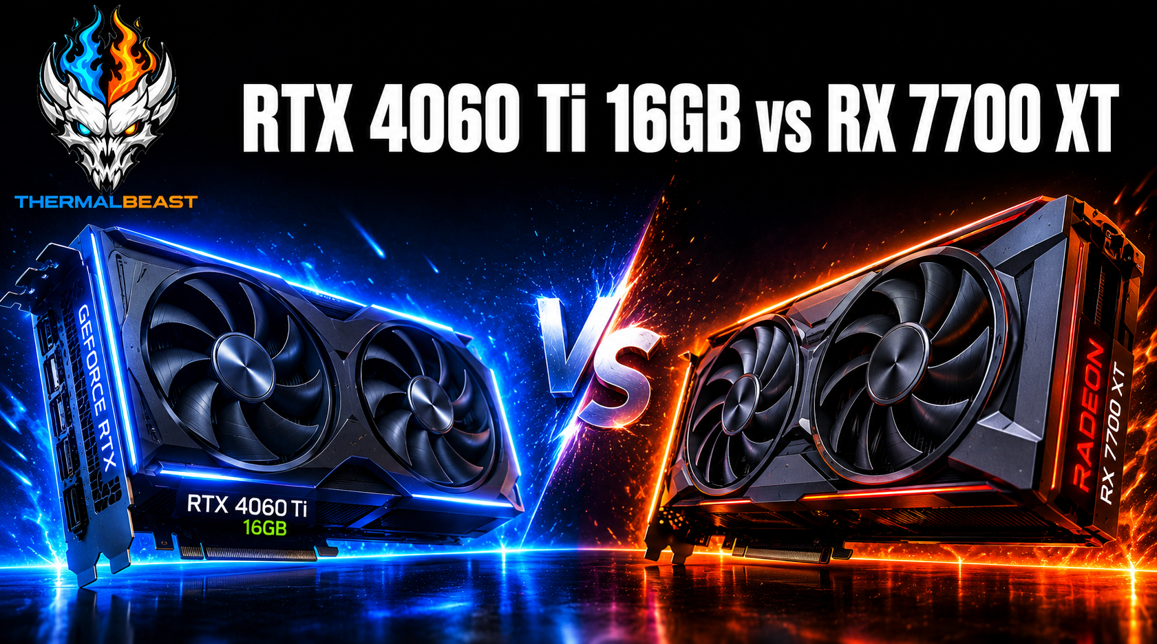 NVIDIA RTX 4060 Ti 16GB and AMD RX 7700 XT graphics cards angled toward each other in a side-by-side 1440p GPU comparison