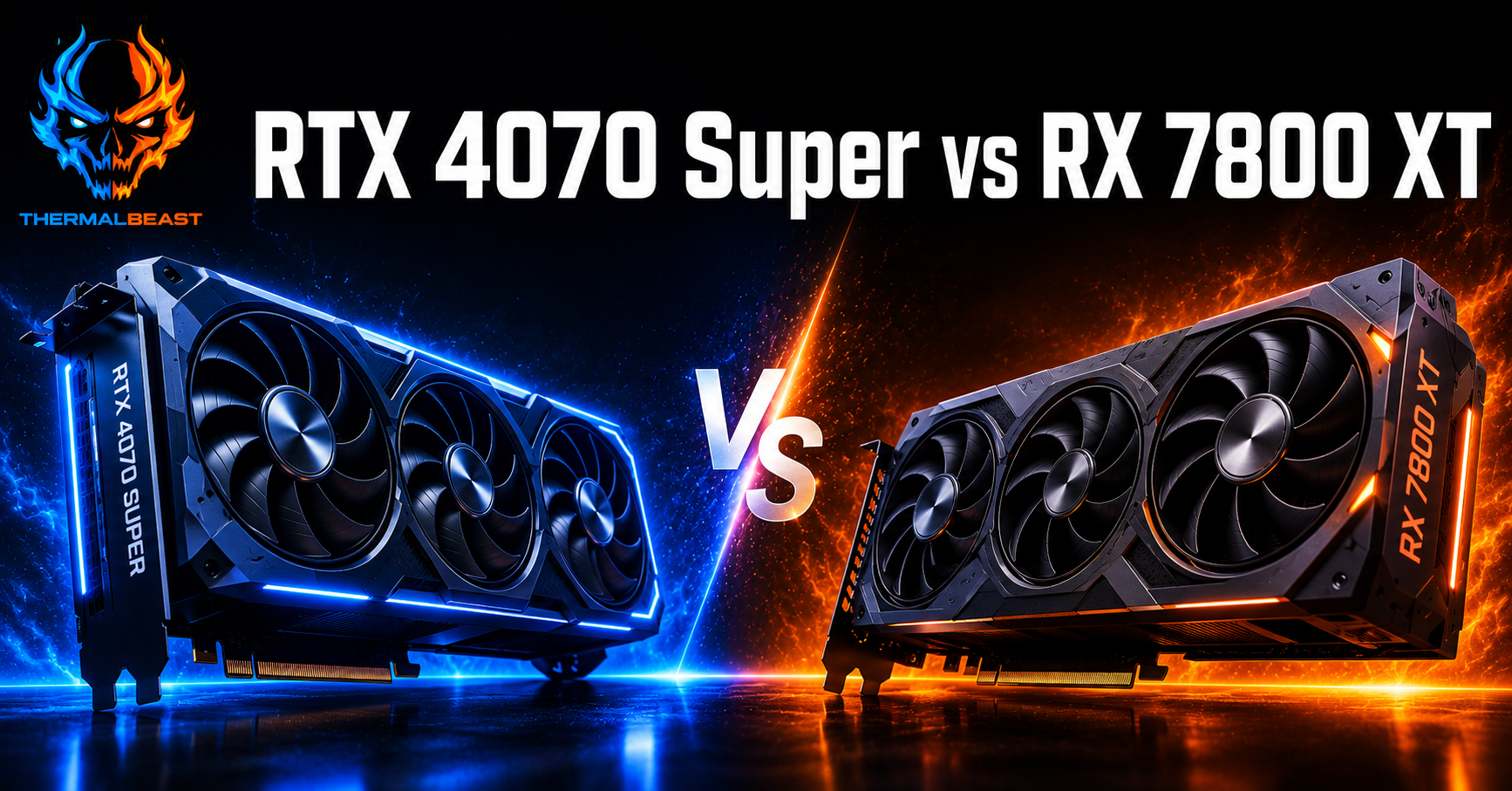 NVIDIA RTX 4070 Super and AMD RX 7800 XT graphics cards angled toward each other in a side-by-side 1440p GPU comparison
