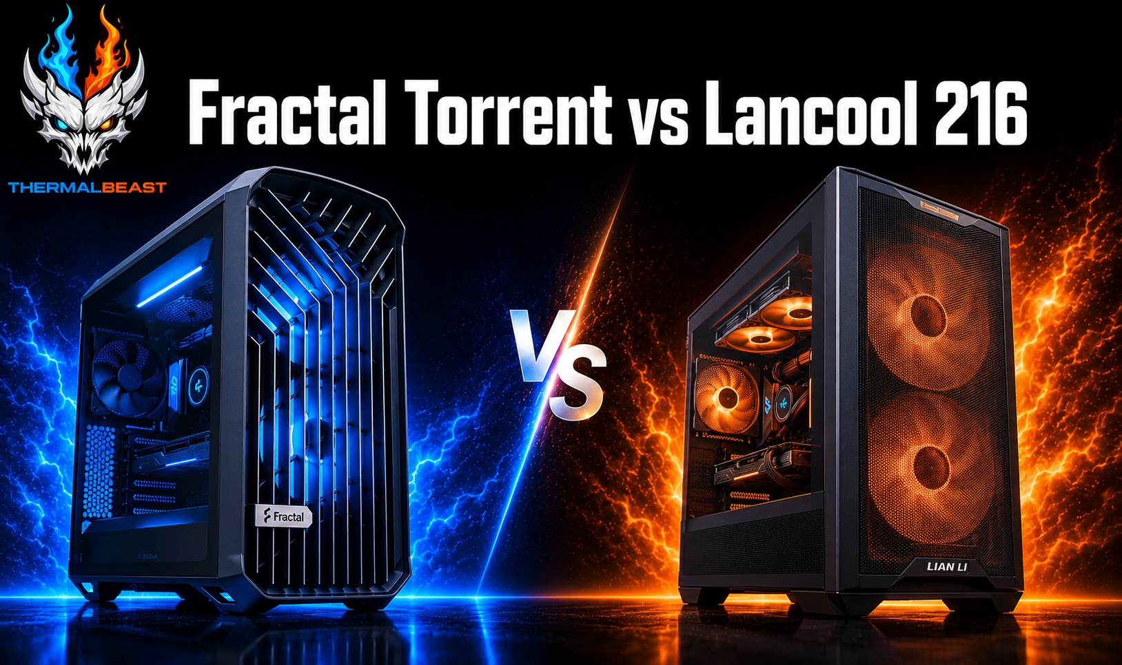 Fractal Design Torrent and Lian Li Lancool 216 mesh PC cases angled toward each other in a side-by-side airflow comparison