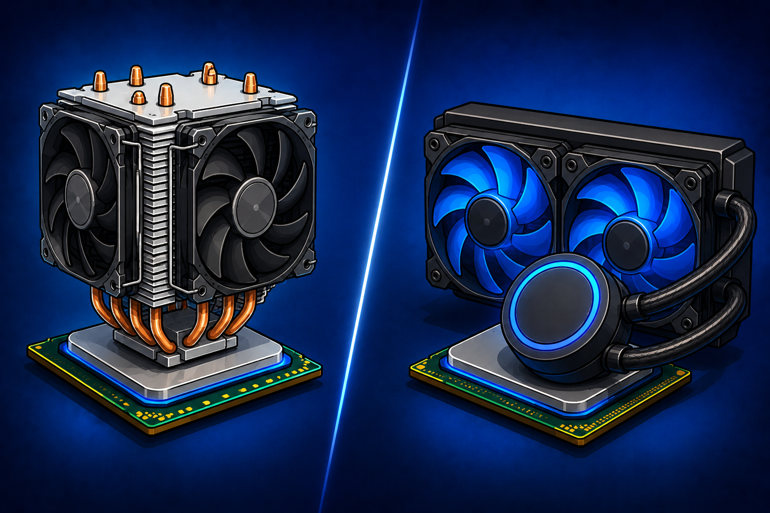Cartoon comparison of a dual-fan CPU air cooler with copper heat pipes and a dual-fan AIO liquid cooler with radiator, pump block, and tubes mounted on processor chips.