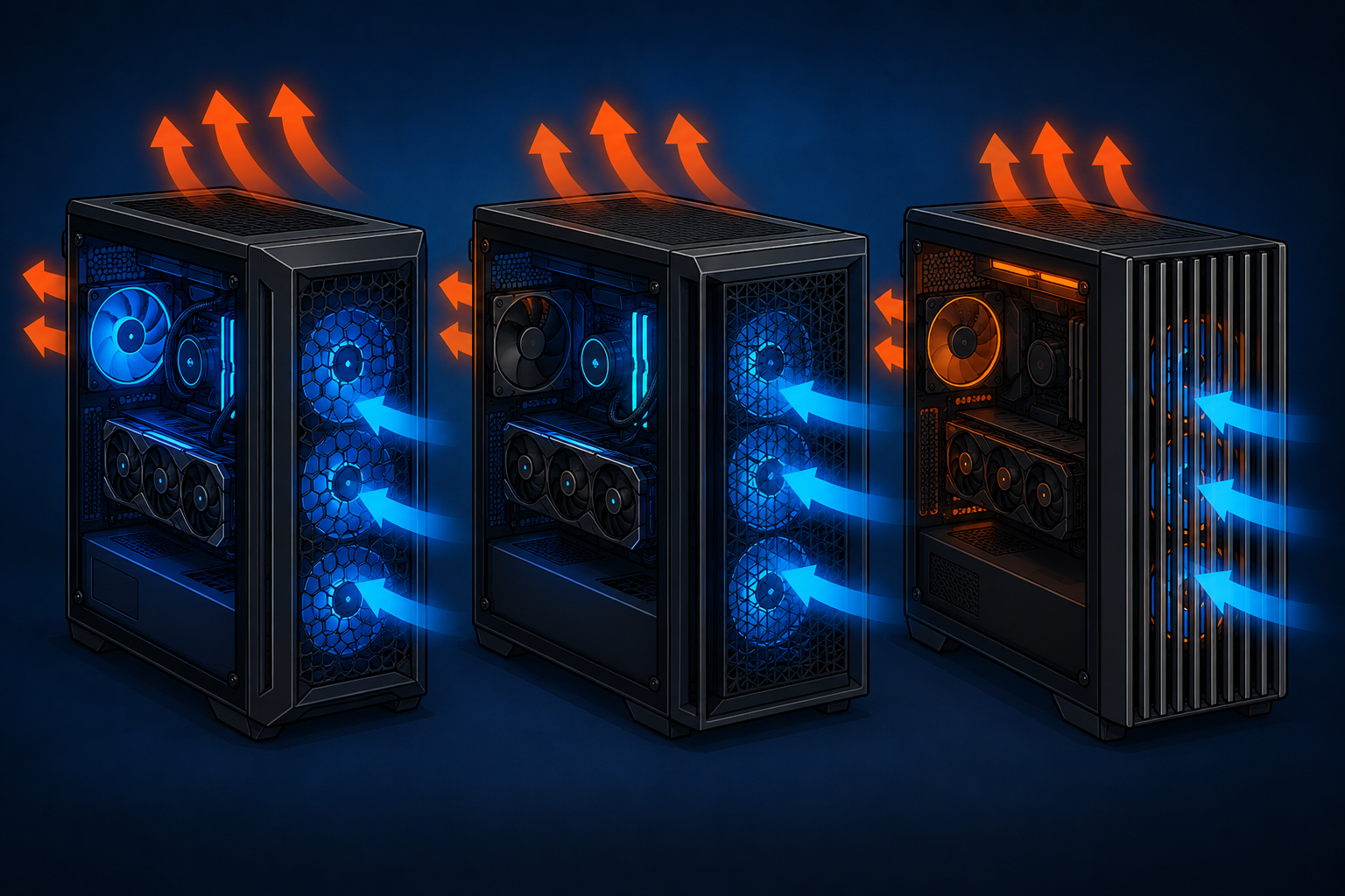 Cartoon illustration of three gaming PC tower cases with mesh front panels, blue intake airflow arrows, orange exhaust airflow arrows, and glowing internal components.