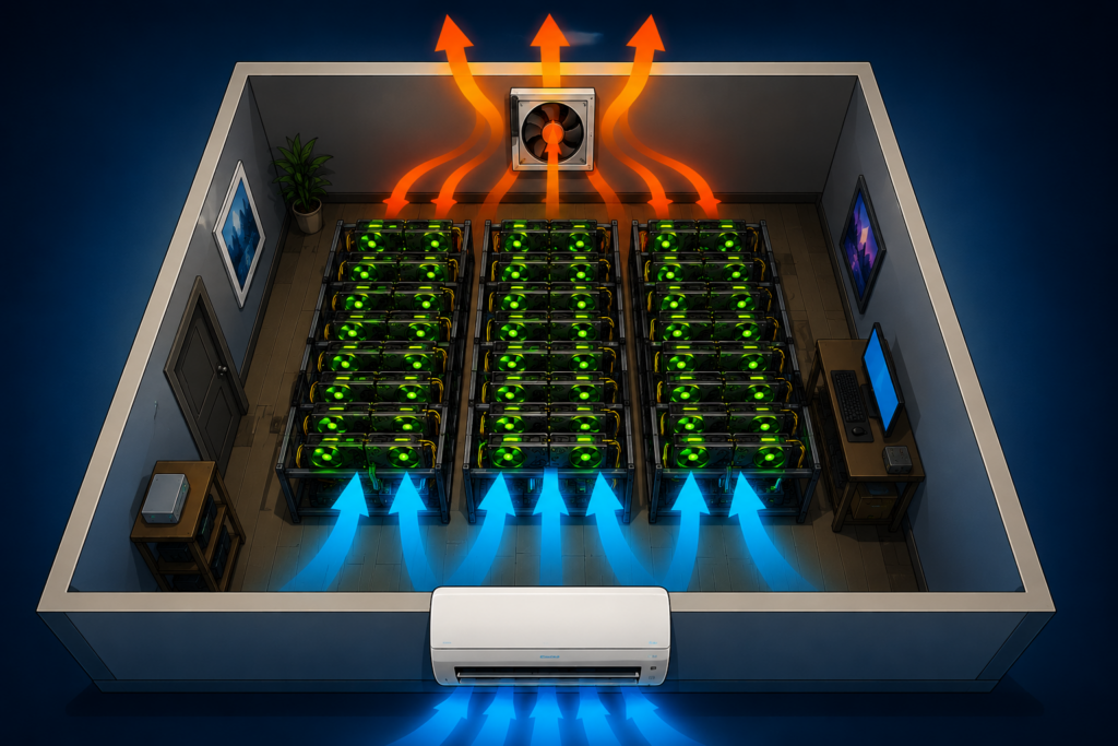 Diagram showing a hot GPU room cooled by a mini split blowing cold air at equipment level and a window fan exhausting hot air at ceiling level