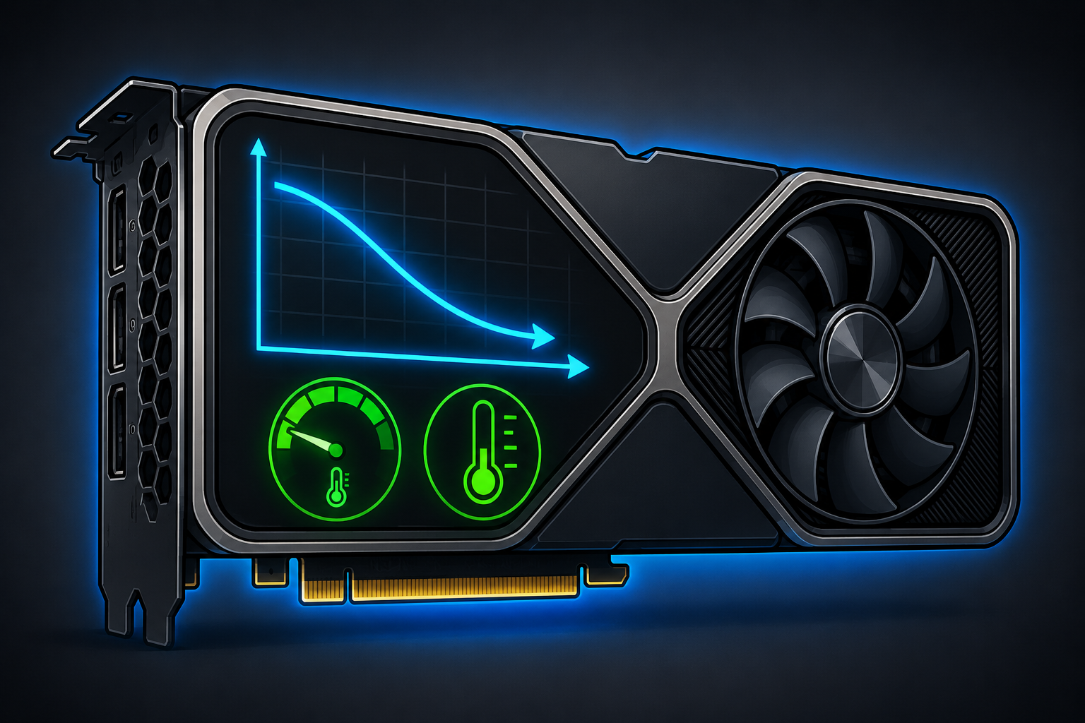 Cartoon RTX-style graphics card with a downward voltage curve graph and green temperature gauges indicating reduced temperatures from GPU undervolting.