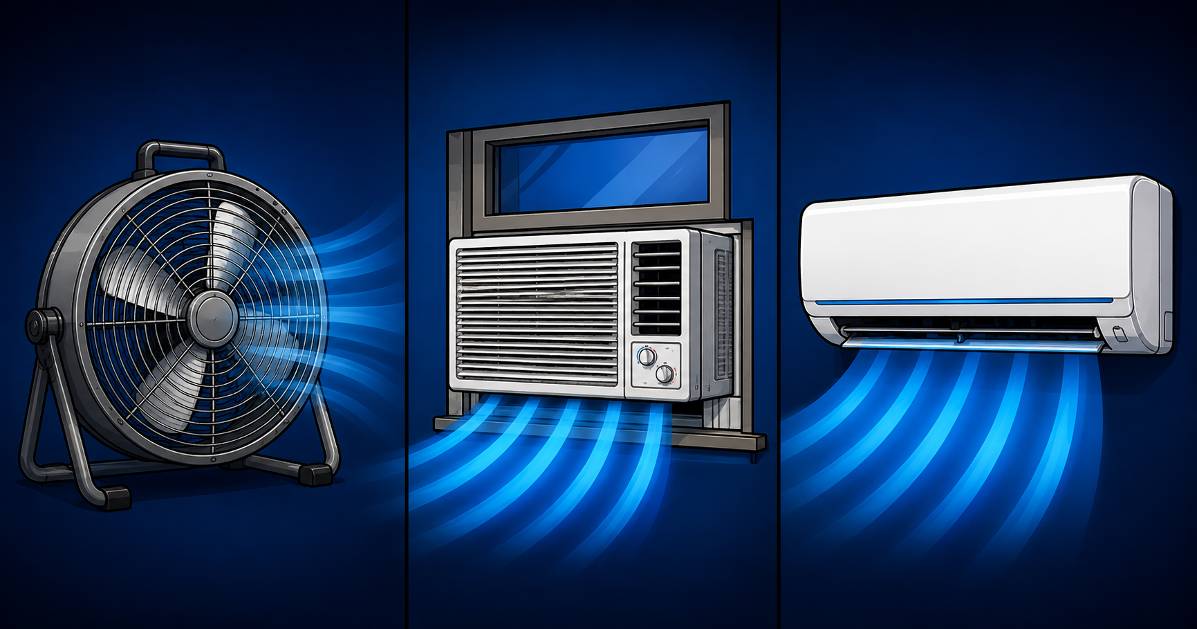 Cartoon comparison of a floor fan, window air conditioner, and ductless mini split air conditioning unit with blue airflow streams.