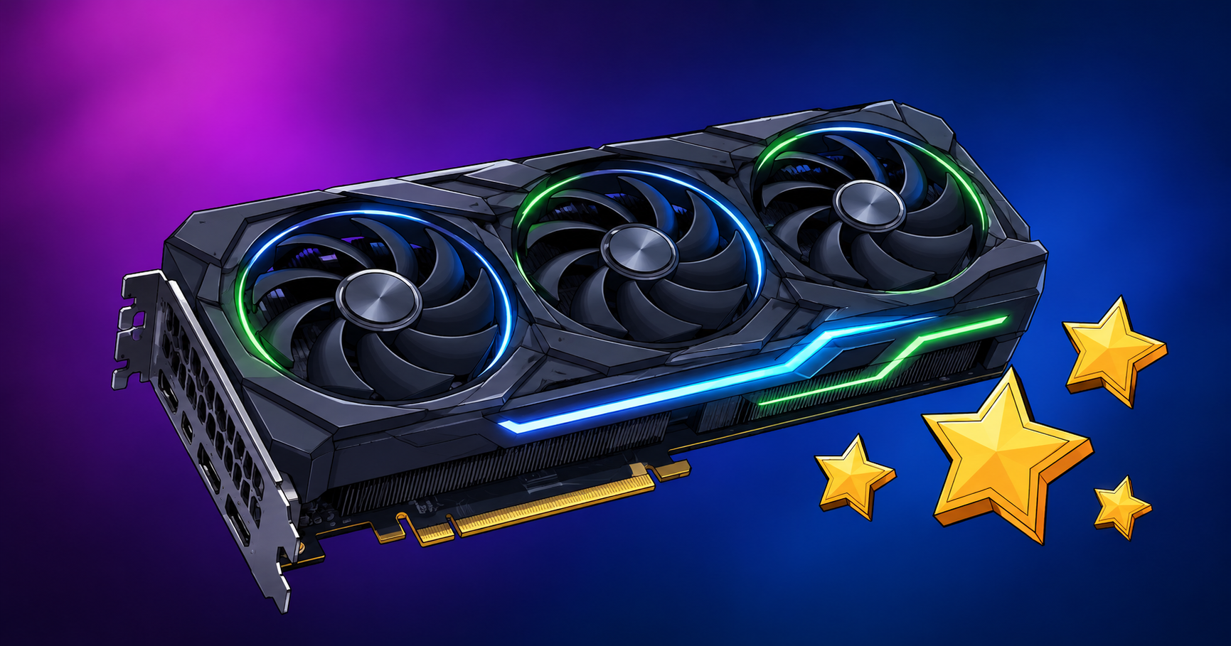 Cartoon illustration of a modern triple-fan graphics card with glowing green and blue LED accents, floating beside gold star badges on a dark purple and blue background.